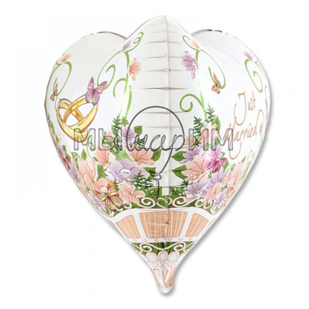 Фольгированный шар 3D СЕРДЦЕ 23" JUST MARRIED Цветы