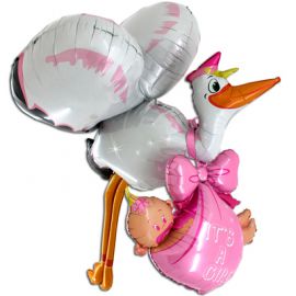 Фольгированный шар Аист с малышом розовый