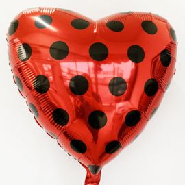 Фольгированный шар сердце 45 см Горошек черный на красном